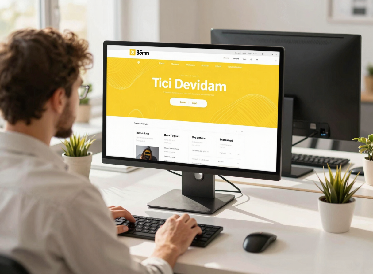 A professional developer at a clean modern workstation designing a sleek web interface, clean commercial photography, bright natural daylight, high-contrast warm tones with yellow accents, sharp focus, 35mm lens