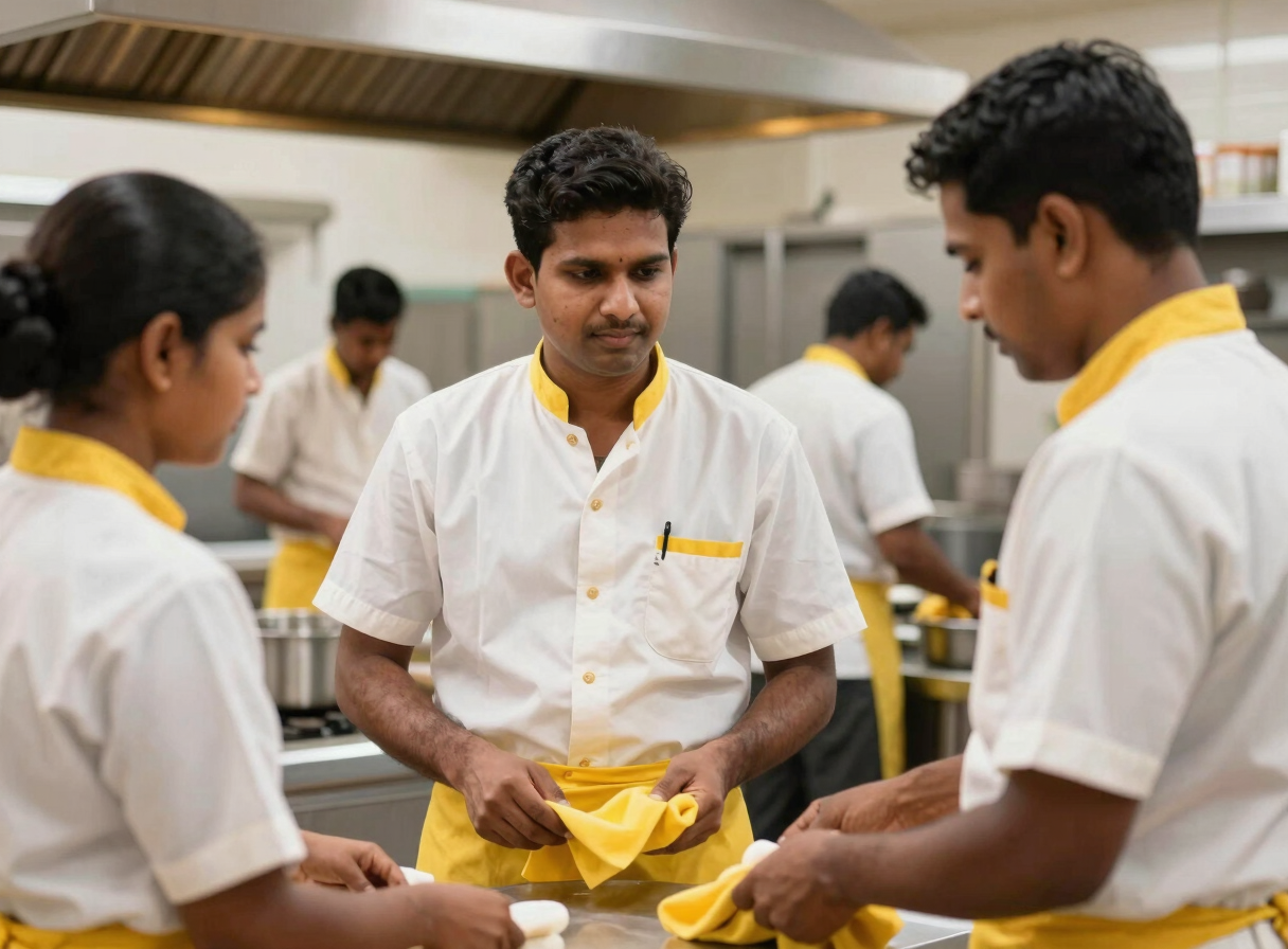 Active hospitality staff in crisp uniforms working in a bright commercial kitchen in Chennai, clean commercial photography, bright natural daylight, high-contrast warm tones with yellow accents, sharp focus, 35mm lens