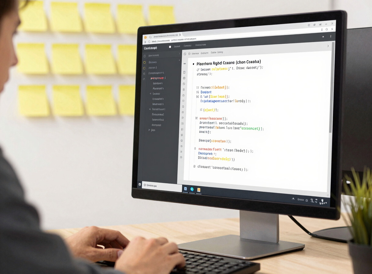 Clean commercial photography of a developer writing clean code on a monitor, bright natural daylight, high-contrast warm tones, yellow post-it notes in background, sharp focus, 35mm lens